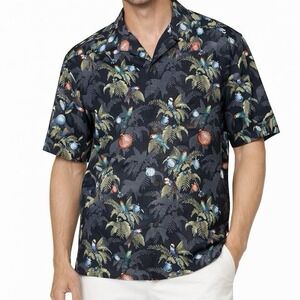 2014 TOMMY BAHAMA Seasons Greetings Silk Shirt sz M Tree Bird Ornament Christmas